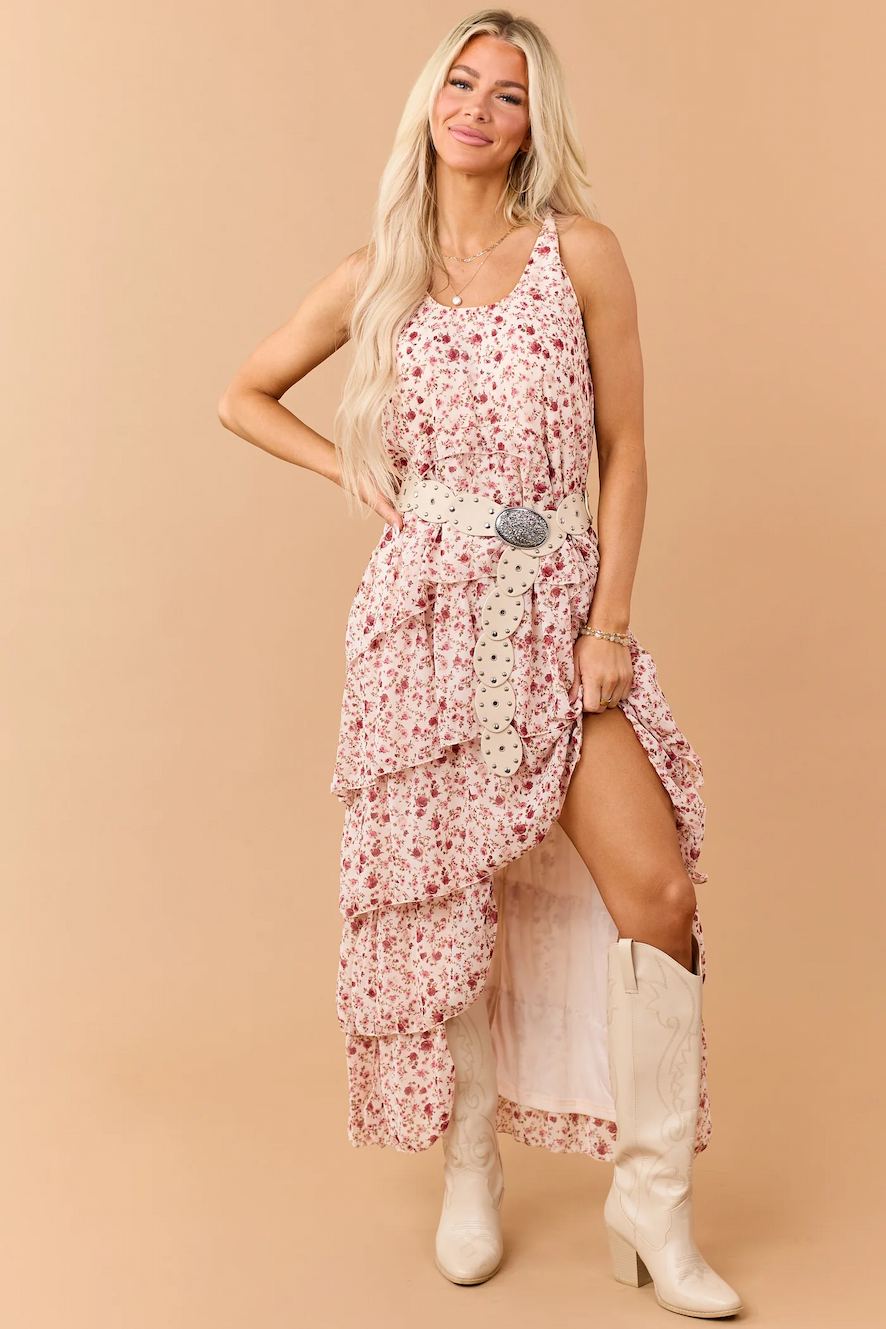 Tea Rose Floral Ruffle Tiered Twist Strap Maxi Dress