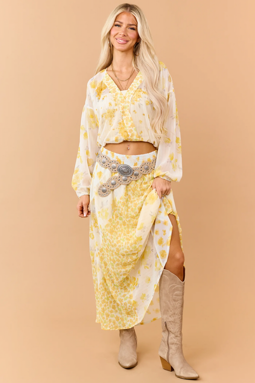 Amber Mixed Floral Print Surplice Long Sleeve Top