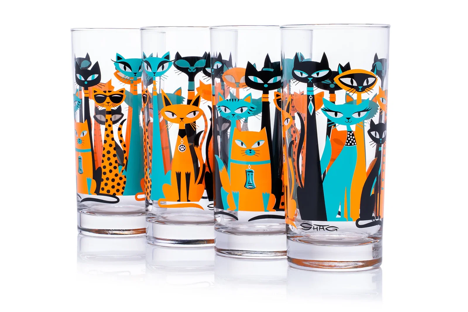 Image of "Cool Cats" Highball Glass Set | Teal & Orange