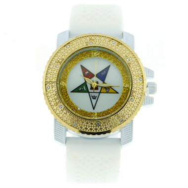 Order of the Eastern Star Watch - Gold Tone and White Silicone Band - OES Symbol - White CZ Bling Face Dial Watch