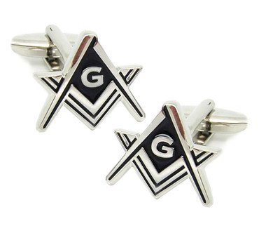 Masonic Regalia - Freemason Cuff links. Silver tone w/ Black enamel cut out Masonic Square and Compass Symbol. Freemason Merchandise Formal Wear Attire. (Masonic gifts)