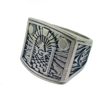  Master Masons Lodge Ring Silver Color Band. Freemason Ring with Masonic Hall, Pillars, All Seeing Eye and Skull Symbol - Masonic Rings for sale - Freemason Jewelry