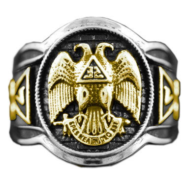 Duo Tone Scottish Rite Freemason Ring / Rounded Masonic Ring- 32nd Degree Scottish Rite Golden Mason Symbol Logos with Silver Tone Band 