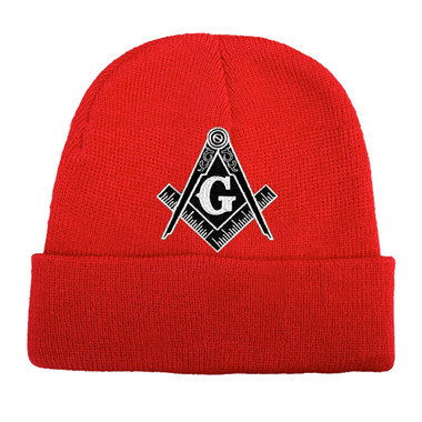 Masonic Hat Winter - Red Beanie Cap - Black and White Standard Masons Symbol. One Size Fits Most Freemasons Hat. Masonic Clothing, Apparel and Merchandise