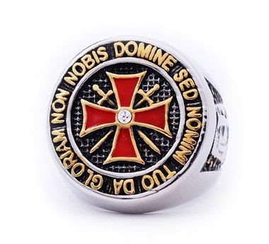 Colorful Stainless Steel Knights of Templar Red Cross Freemason Ring - with cross center design and etched symbols 