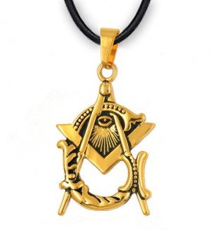  Freemason Pendant - Gold Plated Stainless Steel with Deep Etched Masonic Eye of Providence Symbol inside of Square and Compass 