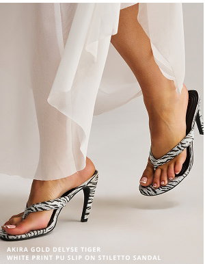 AKIRA GOLD DELYSE TIGER WHITE PRINT PU SLIP ON STILETTO SANDAL