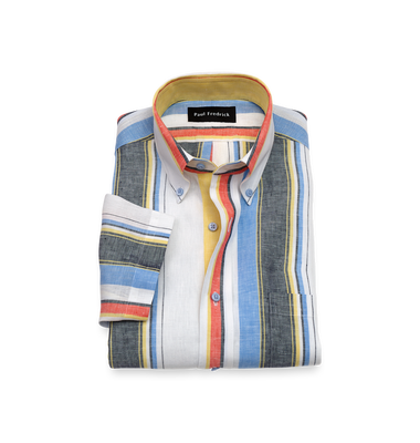 Non-Iron Linen Stripe Dress Shirt With Contrast Trim - White Multi-Classic Fit / 17.5