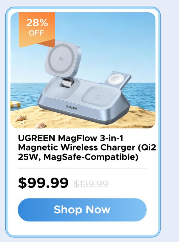 UGREEN MagFlow 3-in-1 Magnetic Wireless Charger (Qi2 25W, MagSafe-Compatible)