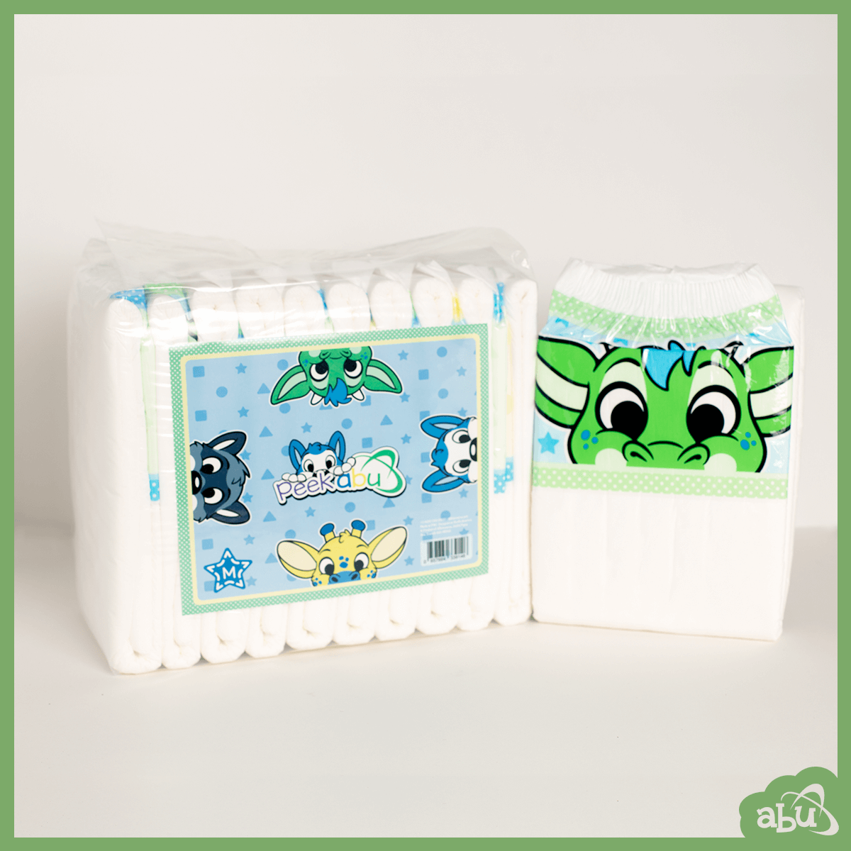 Product photo of a PeekABU adult diaper. The diaper is an all white diaper featuring four alternating landing zone designs of a cartoon dragon, raccoon, giraffe, and husky.