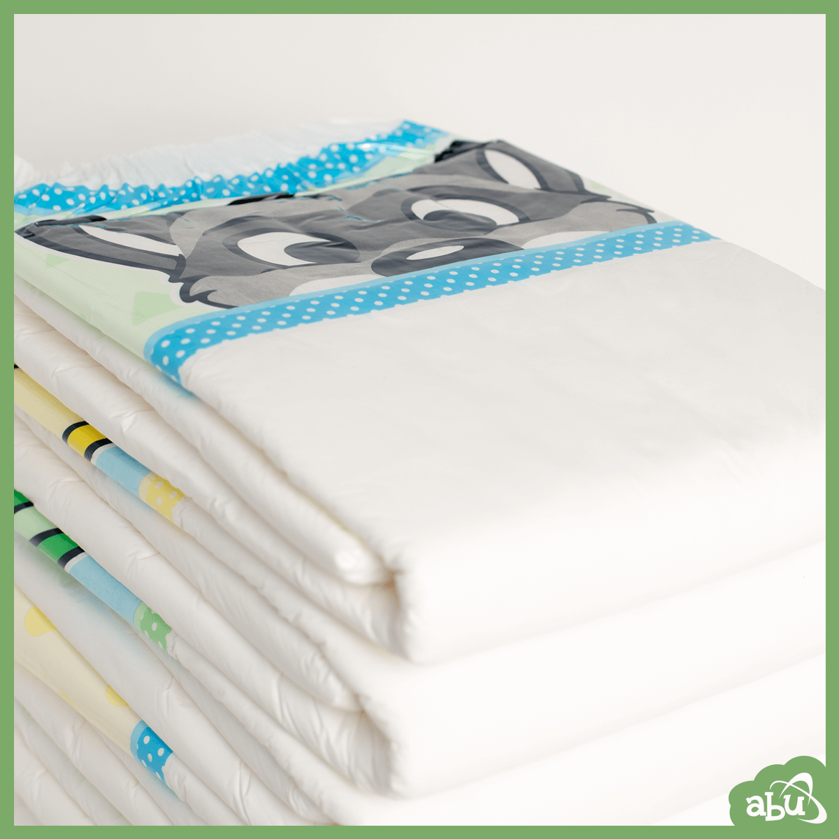 Product photo of a PeekABU adult diaper. The diaper is an all white diaper featuring four alternating landing zone designs of a cartoon dragon, raccoon, giraffe, and husky.