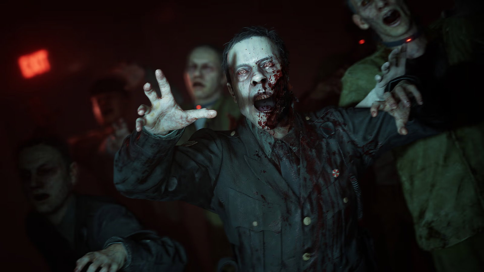 Screenshot of multiple blood-spalltered zombies heading towards the camera. They have black collars on with red LEDs on the front.