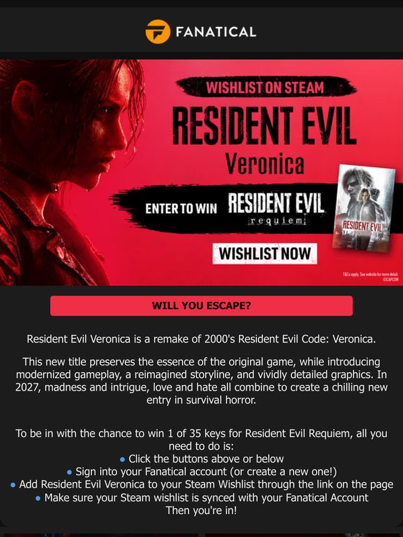 WIN Resident Evil Requiem when you wishlist Resident Evil Veronica today!