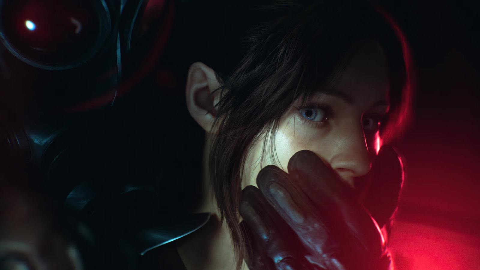 Screenshot of Claire with a gloved hand on her mouth and a knife to her throat, backlit by red lights