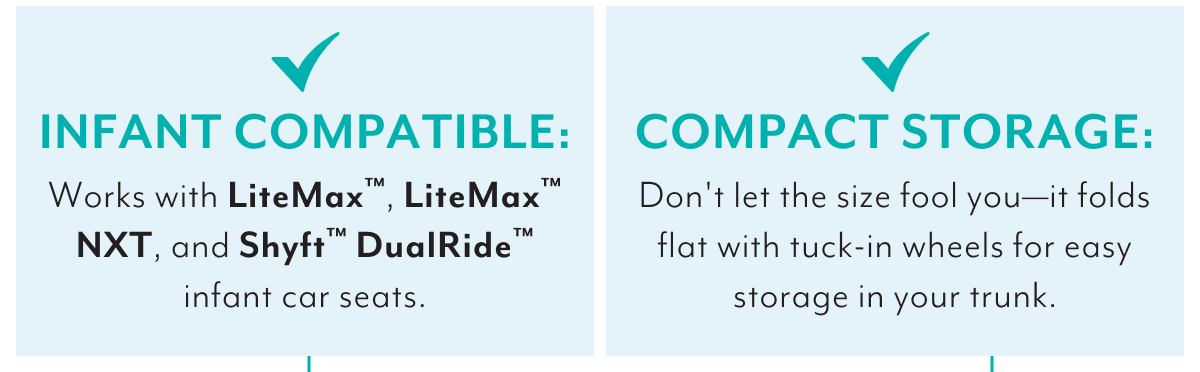 INFANT COMPATIBLE: Works with LiteMax™, LiteMax™ NXT, and Shyft™ DualRide™ infant car seats. | COMPACT STORAGE: Don't let the size fool you—it folds flat with tuck-in wheels for easy storage in your trunk.