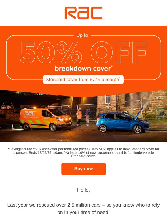 Sale ends TOMORROW - up to 50% off breakdown cover