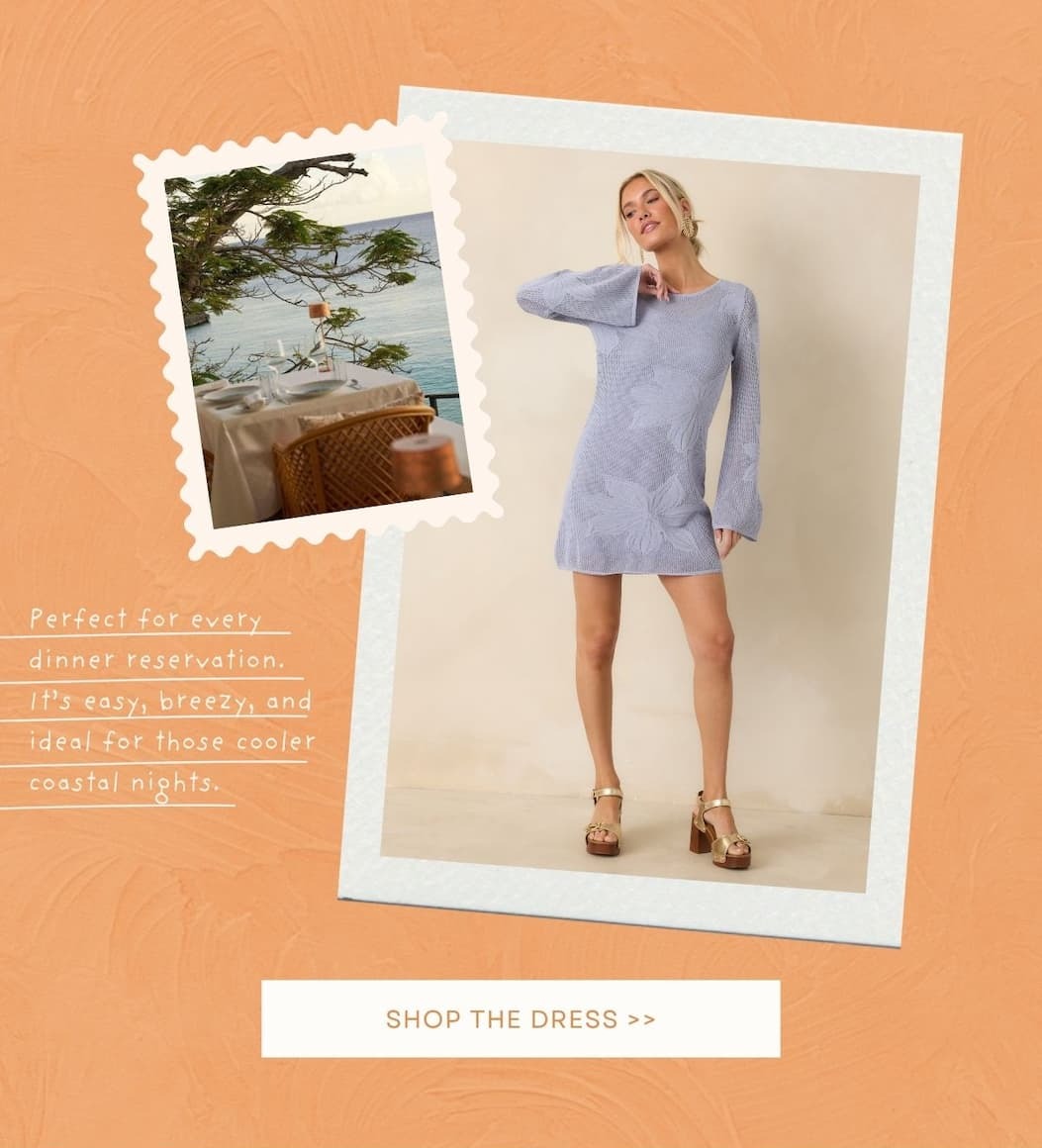 Model wearing a Dusty Blue Floral Open Knit Mini Dress. Shop the Dress.