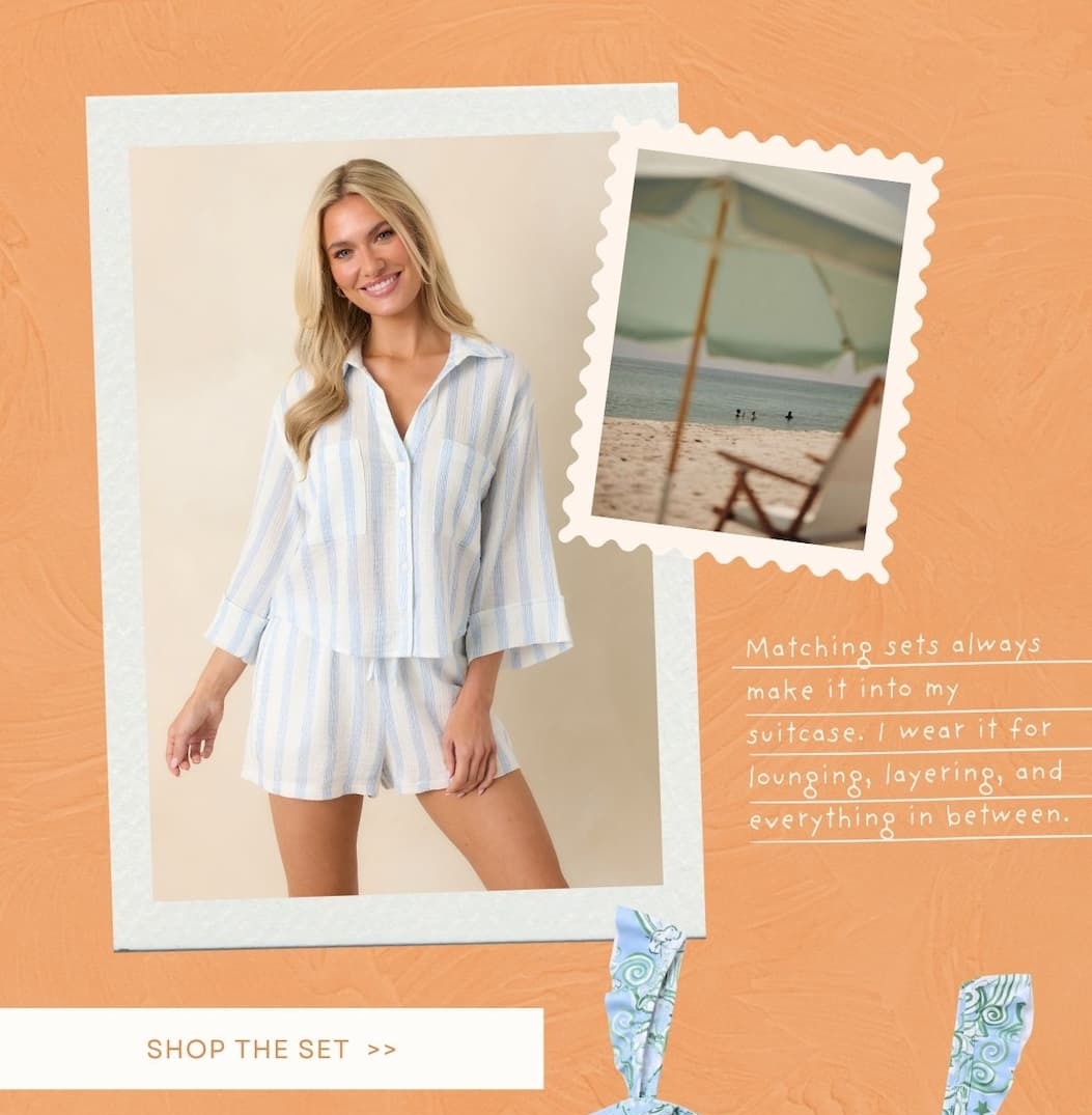 Image of model wearing a blue and white striped button up top with matching shorts. Shop the Set.