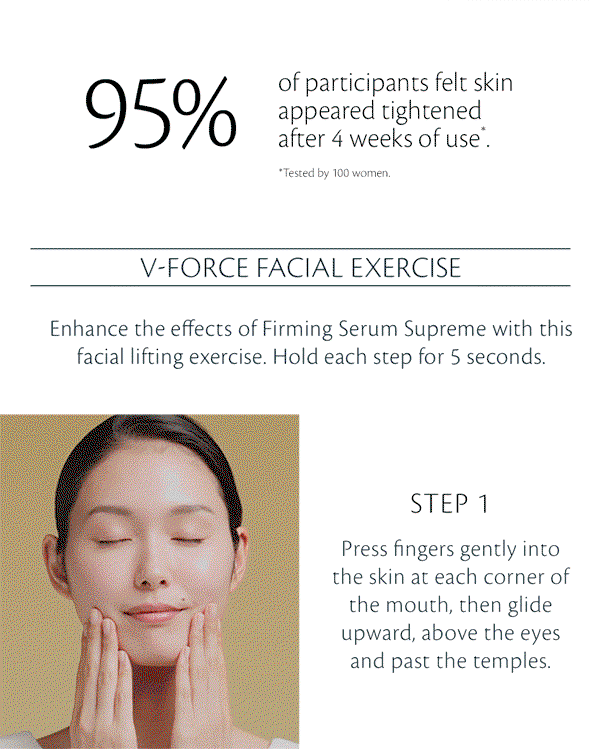 Press fingers gently into the skin at each corner of the mouth, then glide upward, above the eyes and past the temples