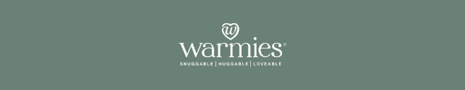 Warmies logo on green. Shop Warmies.