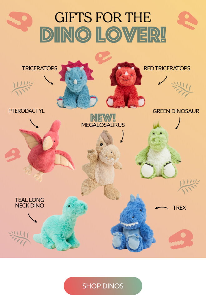 A collection of various Dinosaur Warmies. Shop Dinos.