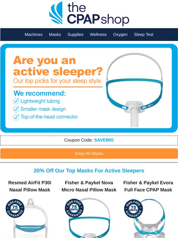 Extra Savings! 🔥 20% Off ALL Masks for Active Sleepers + Special Resmed CPAP Offer (45% Off!)