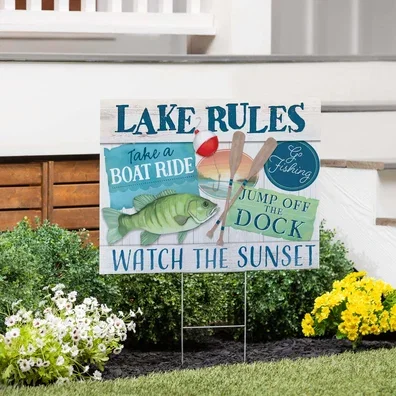 Blue Coastal Yard Sign, "Lake Rules", 24"x18"