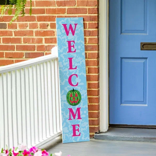 Summerween Porch Leaner Watermelon Pumpkin, "Welcome", 46"H