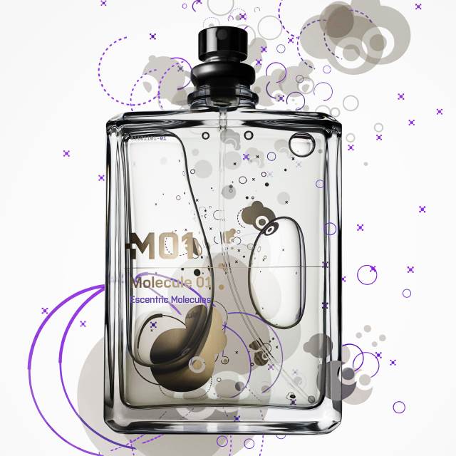 Perfume bottle 'Molecule 01' with abstract bubble design in the background.