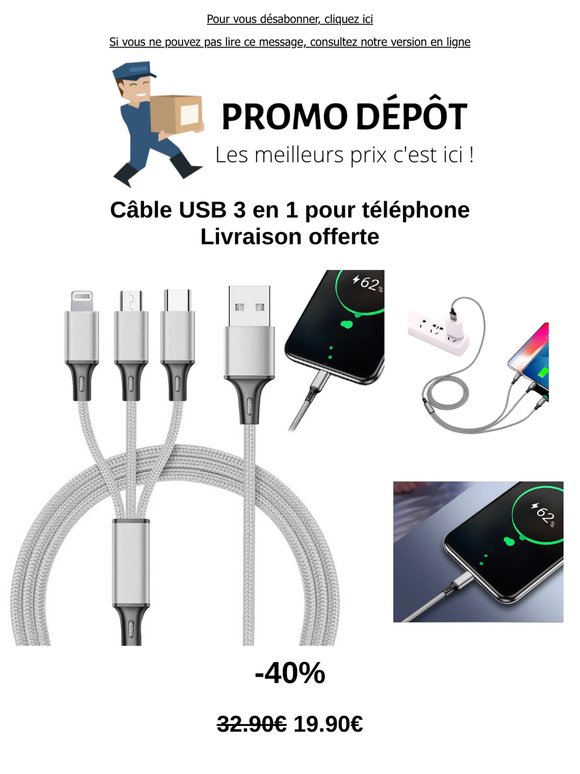 Découvrez notre Câble USB 3 en 1 pour téléphone - Livraison offerte