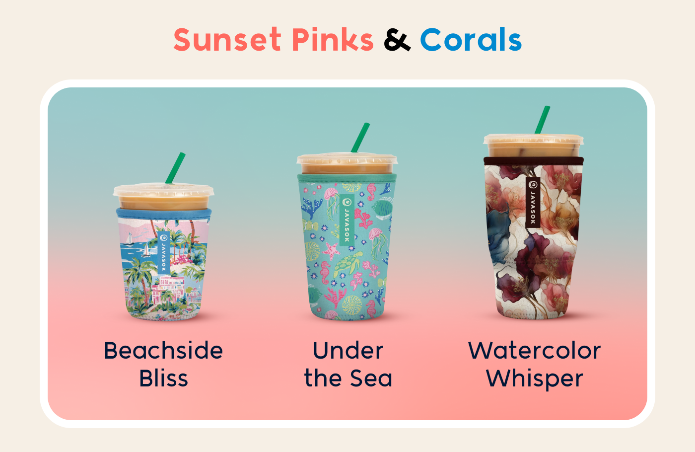 Pink and coral-themed Soks drink sleeves featuring coastal, ocean, and watercolor-inspired designs.