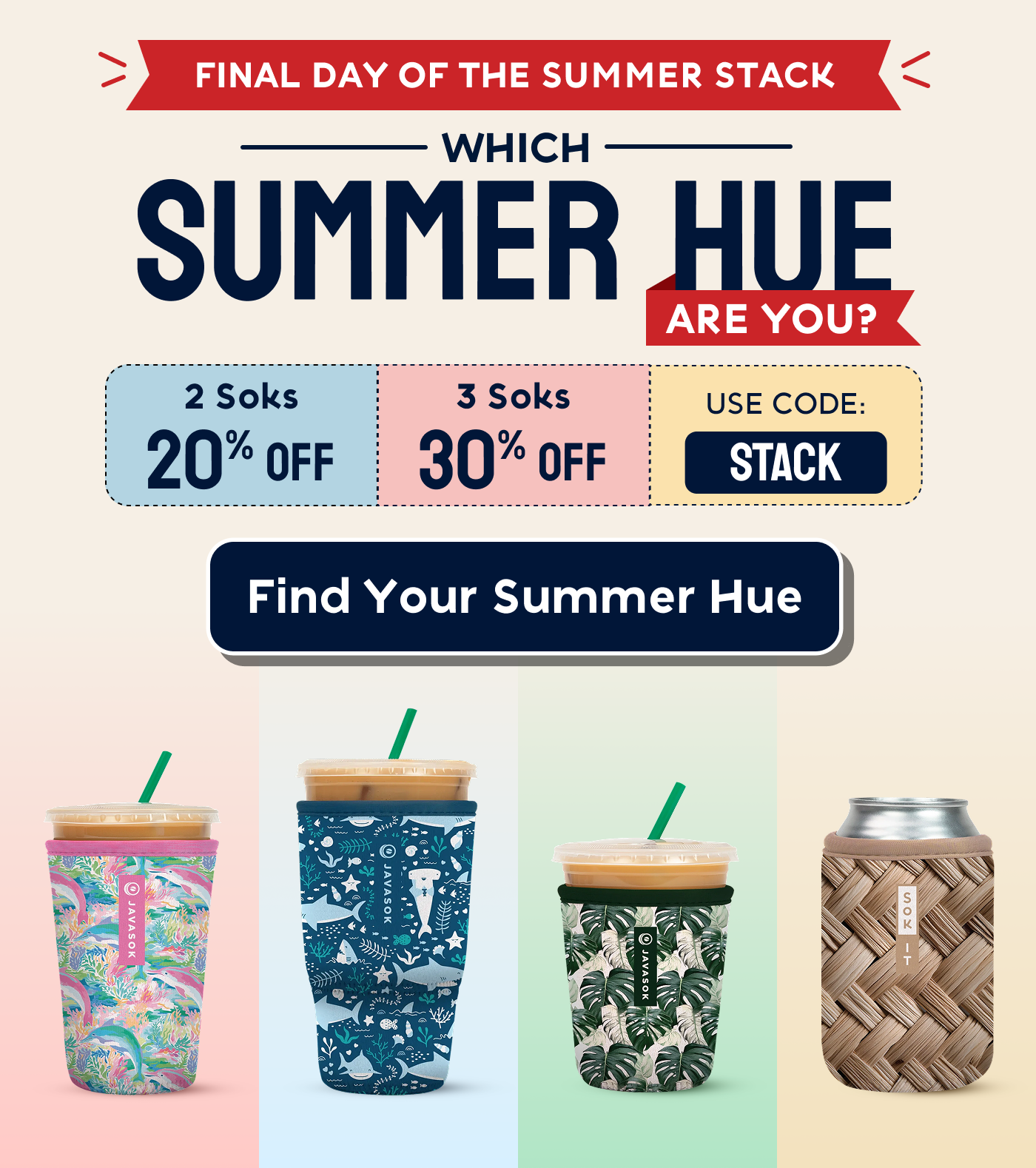 Colorful Soks drink sleeves and can sleeve with a summer sale offer and discount code "STACK."