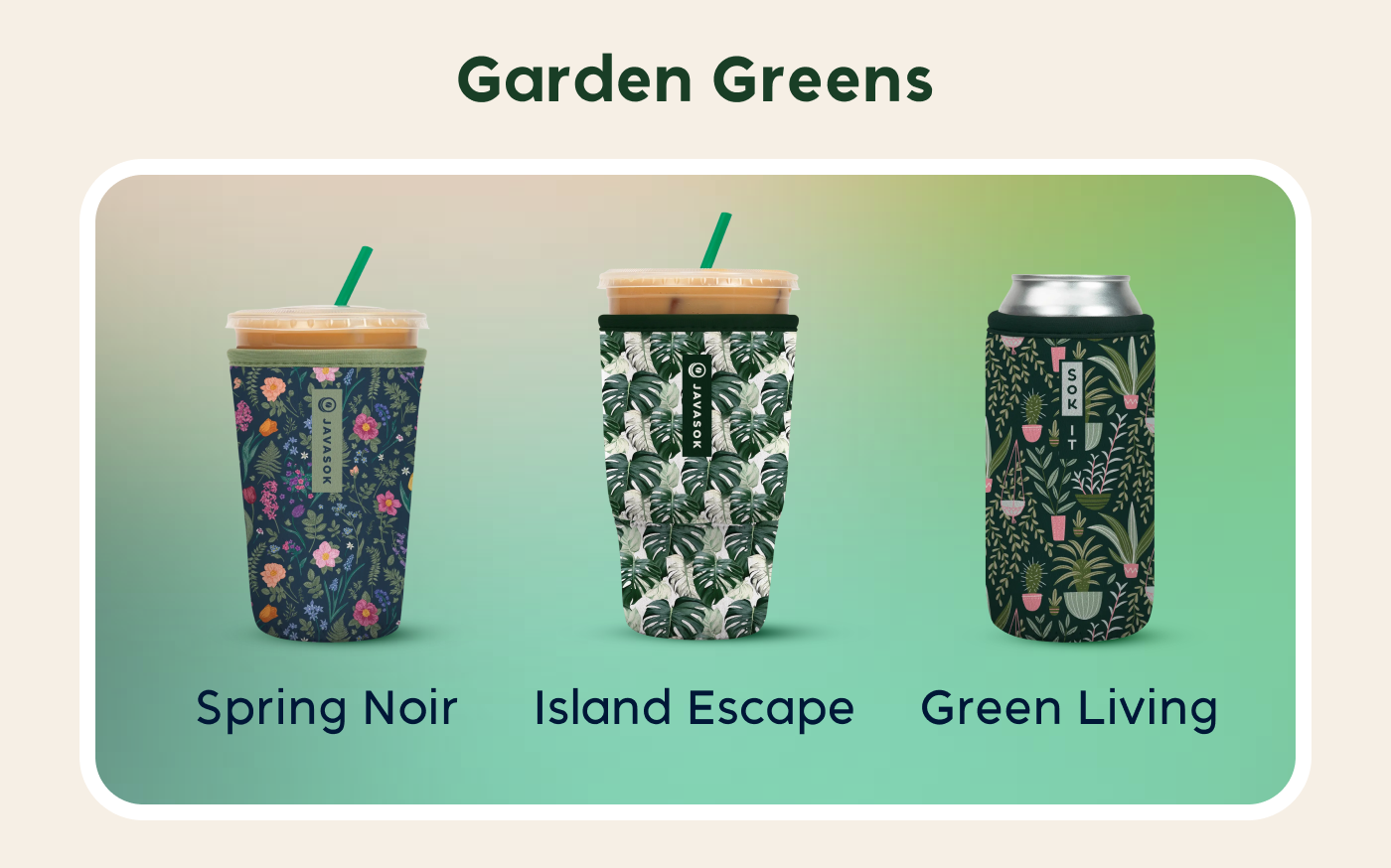 Green floral and tropical-patterned Soks drink sleeves and can sleeve from the Garden Greens collection.