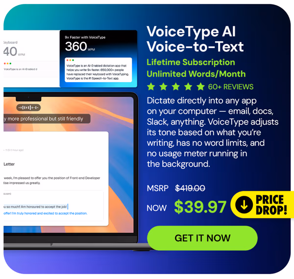 VoiceType AI Voice-to-Text: Lifetime Subscription (Unlimited Words/Month)