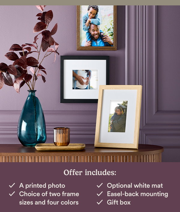 Offers include A printed photo Choice of two frame sizes and four colors Optional white mat Easel-back mounting Gift Box
