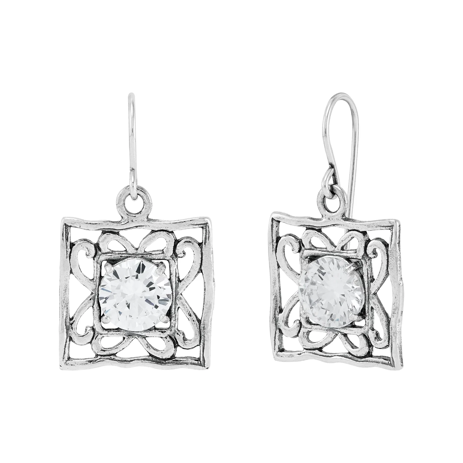 Center Squared Drop Earrings, White Cubic Zirconia
