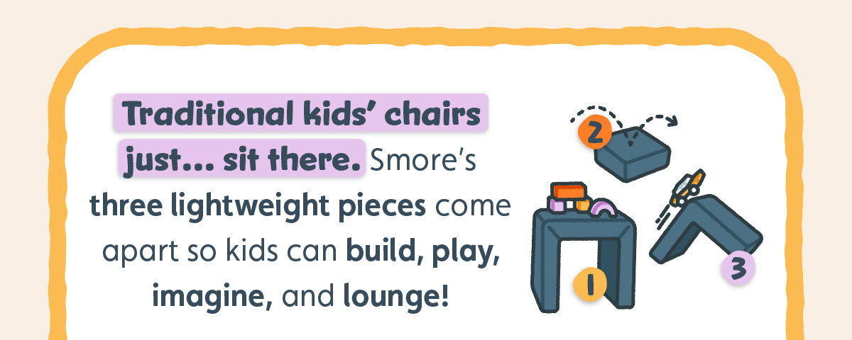 Traditional kids’ chairs just… sit there. Smore’s three lightweight pieces come apart so kids can build, play, imagine, and lounge!