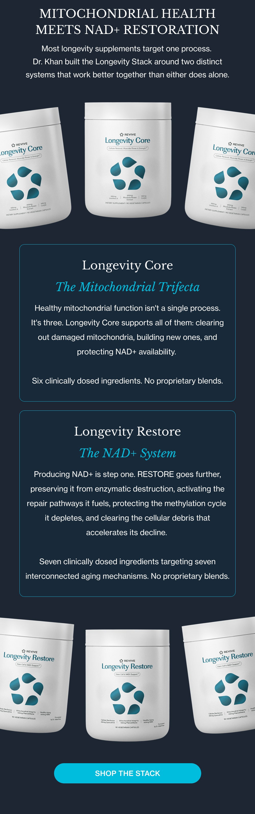 MITOCHONDRIAL HEALTH MEETS NAD+ RESTORATION Most longevity supplements target one process. Dr. Khan built the Longevity Stack around two distinct systems that work better together than either does alone. Longevity Core The Mitochondrial Trifecta Healthy mitochondrial function isn't a single process. It's three. Longevity Core supports all of them: clearing out damaged mitochondria, building new ones, and protecting NAD+ availability. Six clinically dosed ingredients. No proprietary blends. Longevity Restore The NAD+ System Producing NAD+ is step one. RESTORE goes further, preserving it from enzymatic destruction, activating the repair pathways it fuels, protecting the methylation cycle it depletes, and clearing the cellular debris that accelerates its decline. Seven clinically dosed ingredients targeting seven interconnected aging mechanisms. No proprietary blends. SHOP THE STACK