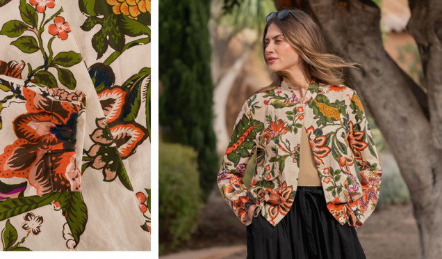 Ladies Linen Cotton Blend Floral Bomber Jacket