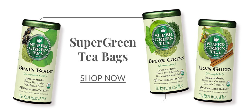 Image of Brain Boost tin, Detox Green tin, and Lean Green tin. SuperGreen Tea Bags. Shop Now.