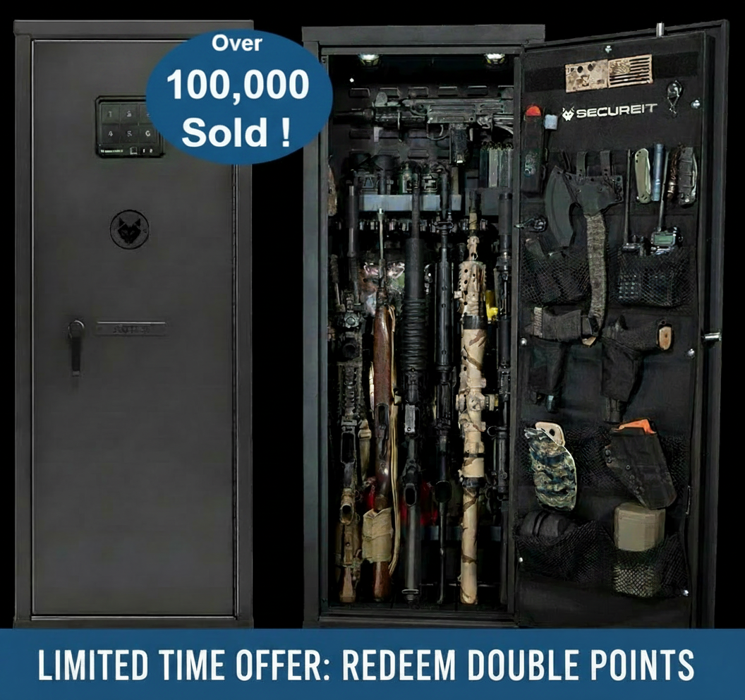 Gun safe with firearms and accessories, and a "100,000 Sold" banner.