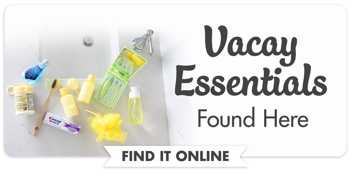 Vacay Essentials Found Here. An image of travel-size toothpaste, anitbacterial wipes, mouthwash, soap, loofah, and makeup brush kit on a bathroom sink.