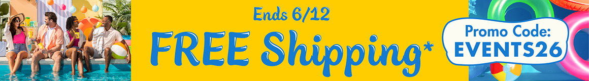 FREE shipping*. Promo Code: EVENTS26. **Up to $50; actual shipping calculated at checkout. Restrictions apply see website for details. Ends 06/12/26 with party themed imagery