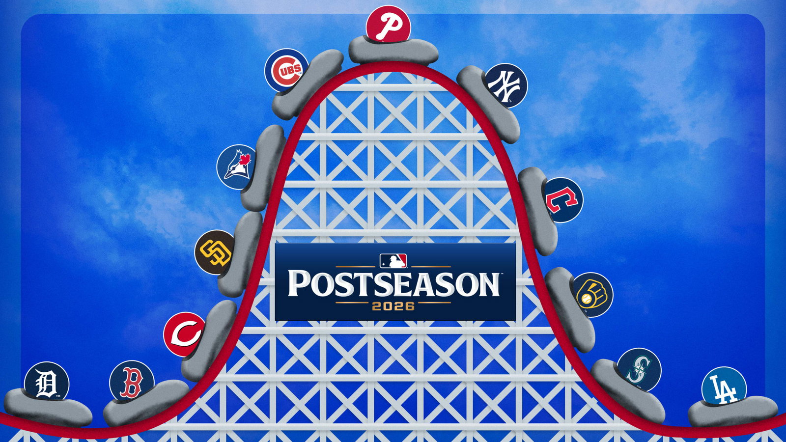 A roller coaster with the logos of last year's 12 playoff teams
