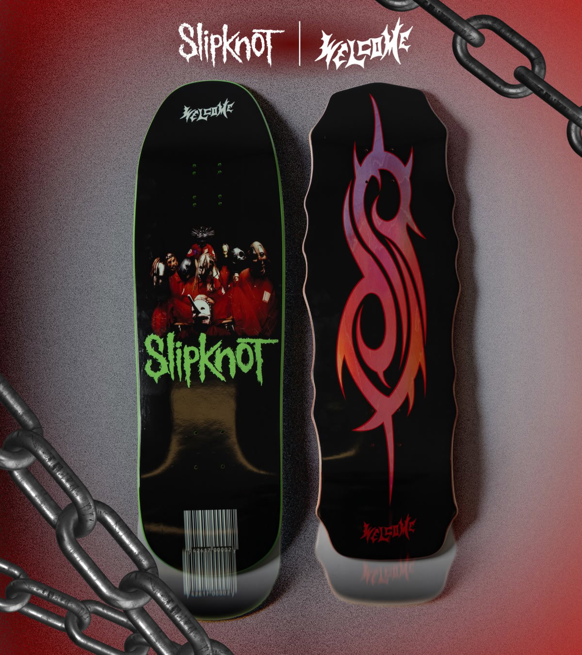 Shop Welcome Skateboards, featuring their collab with Slipknot.
