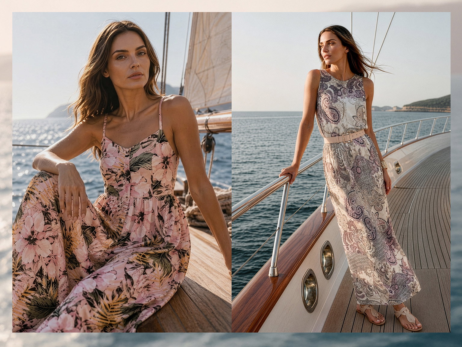 Twee foto's tonen een model op een zeilboot, één in een roze bloemenjurk met spaghettibandjes, één in een lange mouwloze jurk met paisley-patroon.