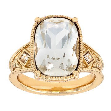 Vintage Mine Cut Cushion Crystal Gold Tone Ring, 14x10mm