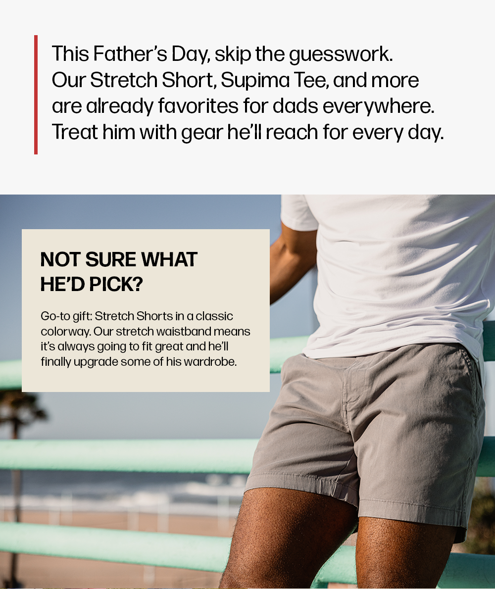A man in a white t-shirt and grey shorts leans against a green railing with a blurred beach background. Text reads: 'This Father’s Day, skip the guesswork... Not sure what he’d pick?...'