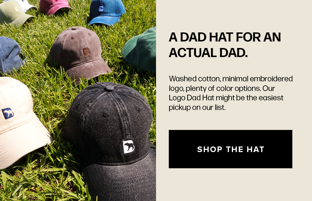 Several baseball caps in various colors sit on green grass. Text reads: 'A dad hat for an actual dad. Washed cotton, minimal embroidered logo... Shop the hat'