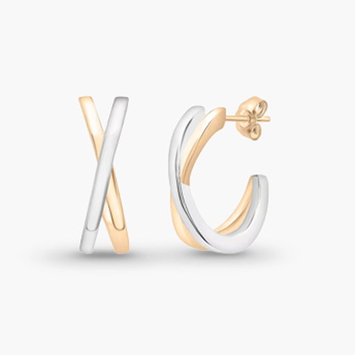Two-Tone Open Huggie Hoop 'X' Earrings in Sterling Silver and Vermeil